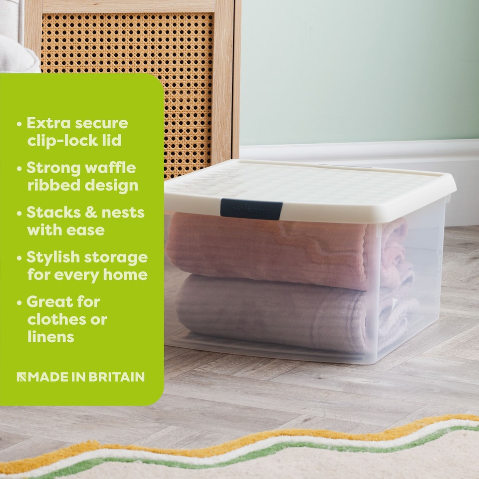 image 1 of Wham Clip 5x 25.5L Square Plastic Storage Boxes with Clip Lock Lids. Ideal for Home, Office, Toys & More - Clear/Stone | Cream | Stone | 5