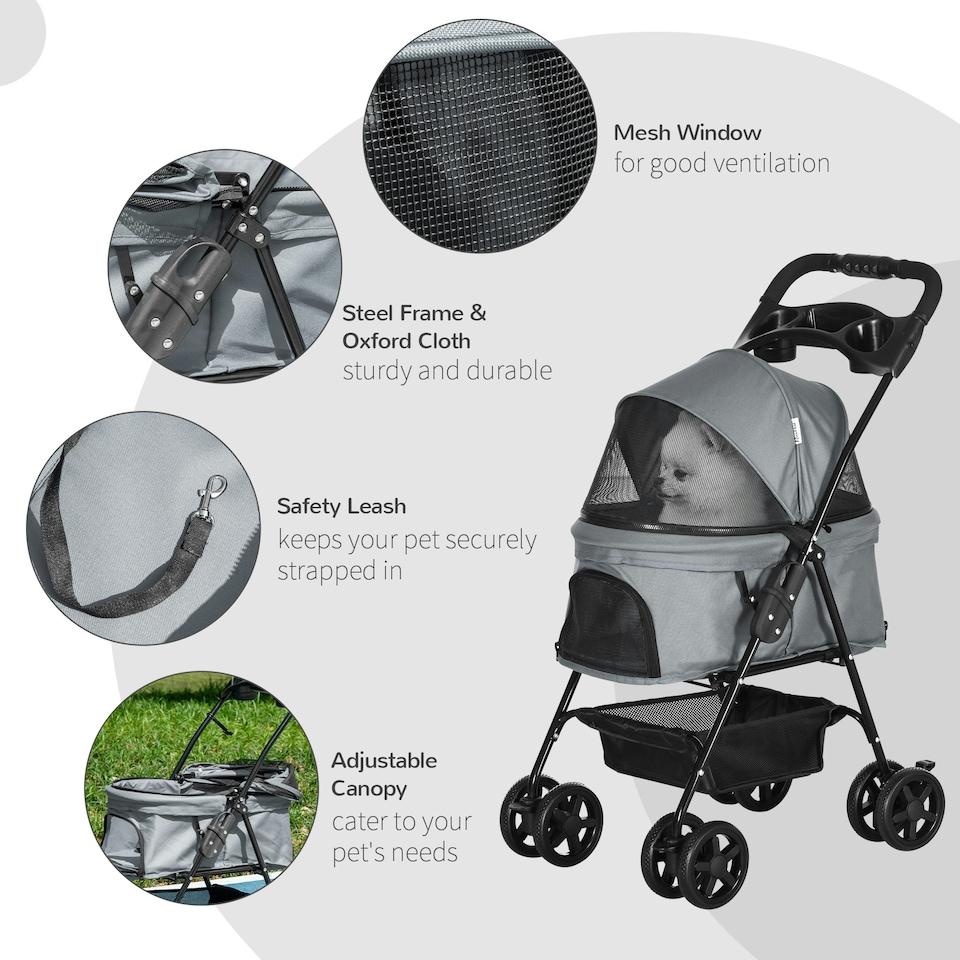 image 1 of PawHut Pet Stroller Foldable Travel Carriage w/ Brake Basket Canopy, Grey