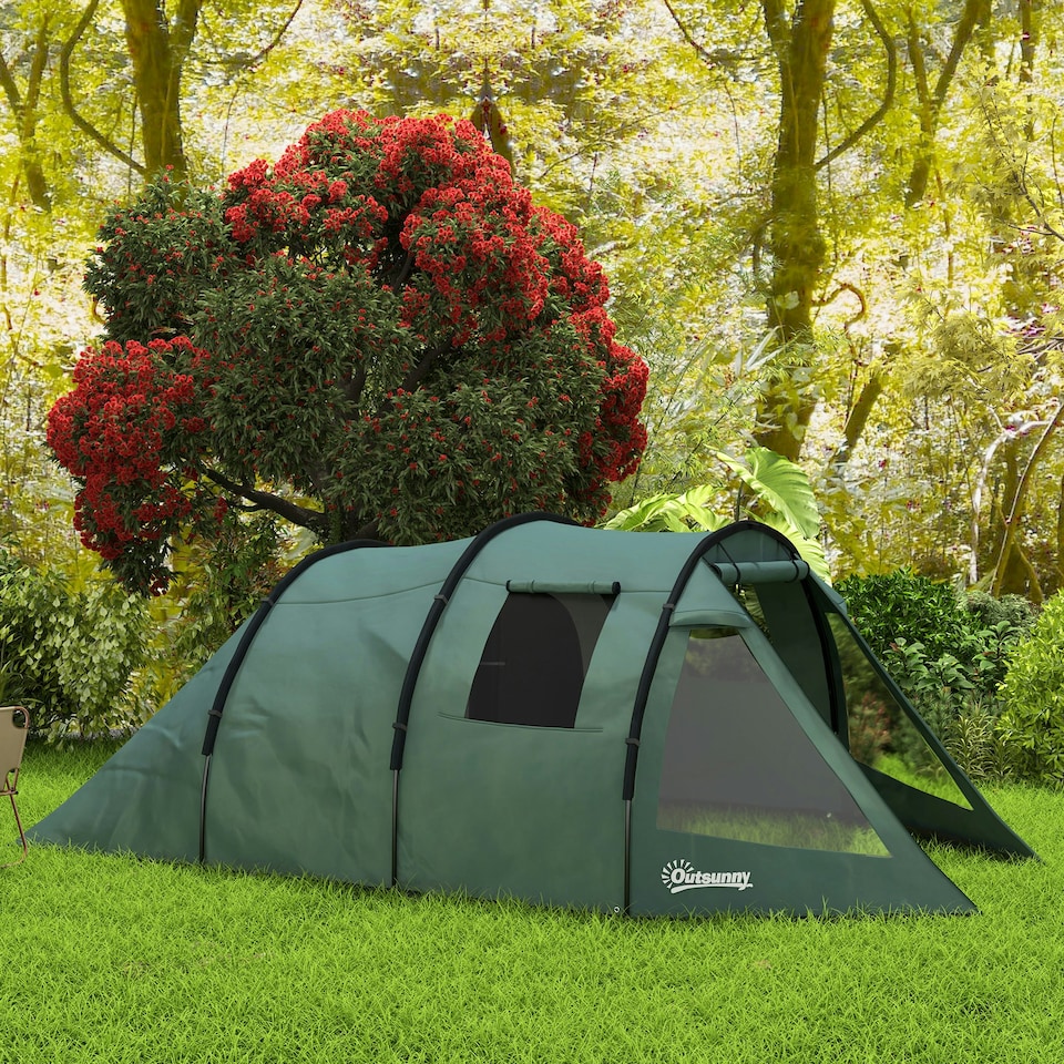 image 1 of Outsunny 3-4 Persons Tunnel Tent, Two Room Camping Tent w/ Windows, Black