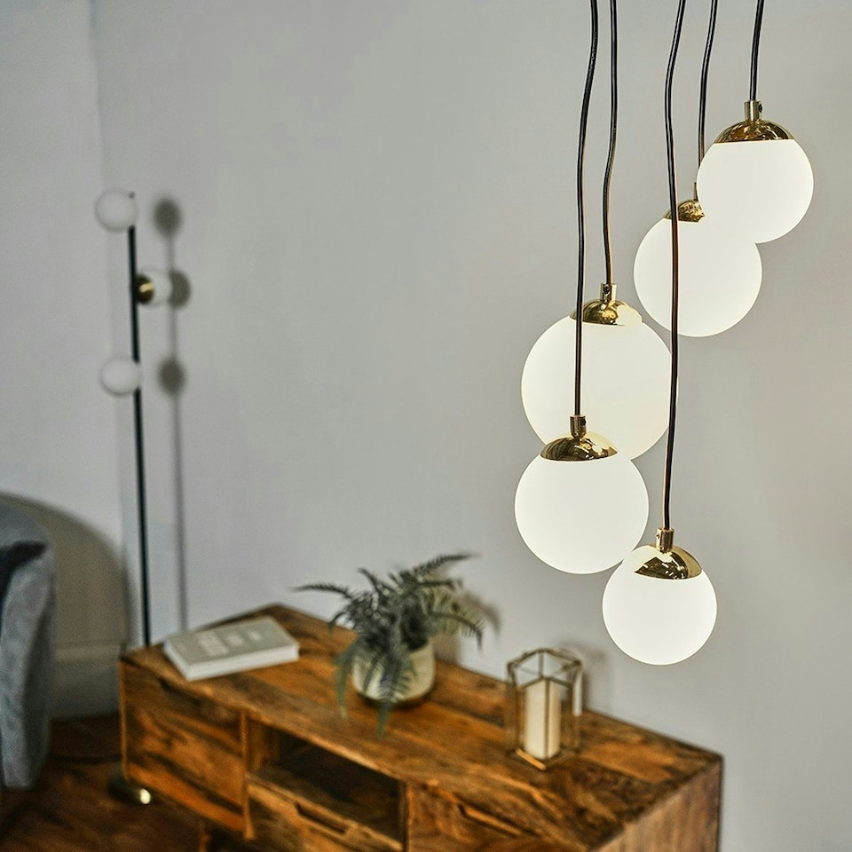 image 1 of ValueLights 5 Way Hanging Polished Gold And Glass Globe Shade Ceiling Pendant Light Fitting