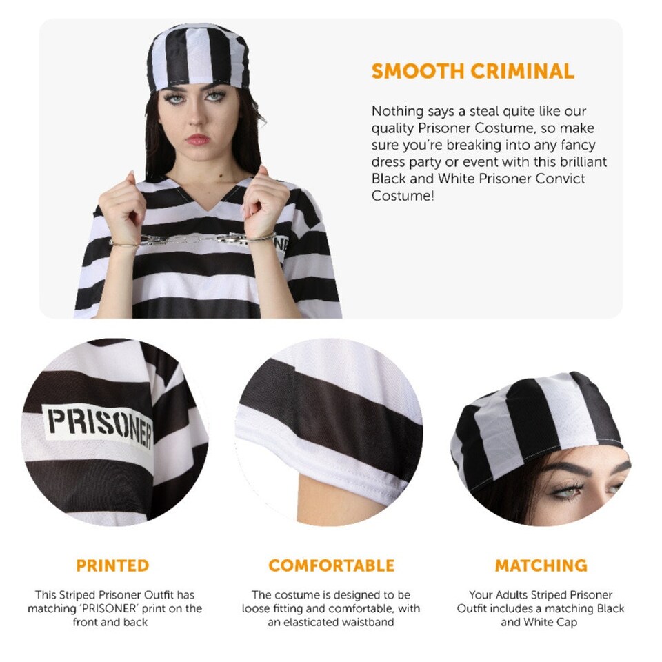 image 1 of Black & White Striped Prisoner Costume Black | M