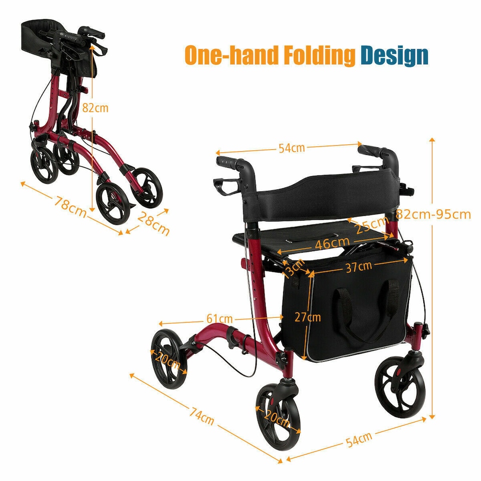 image 1 of COSTWAY Folding Rollator Walker Aluminium Mobility Aid Red
