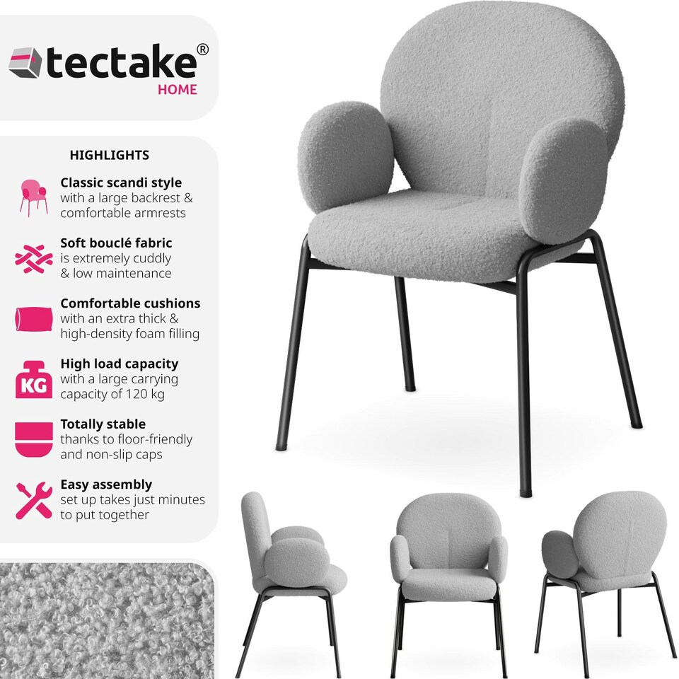 image 1 of Dining Chair - Boucle cover, plush padding, high backrest - per piece Grey | Light Grey