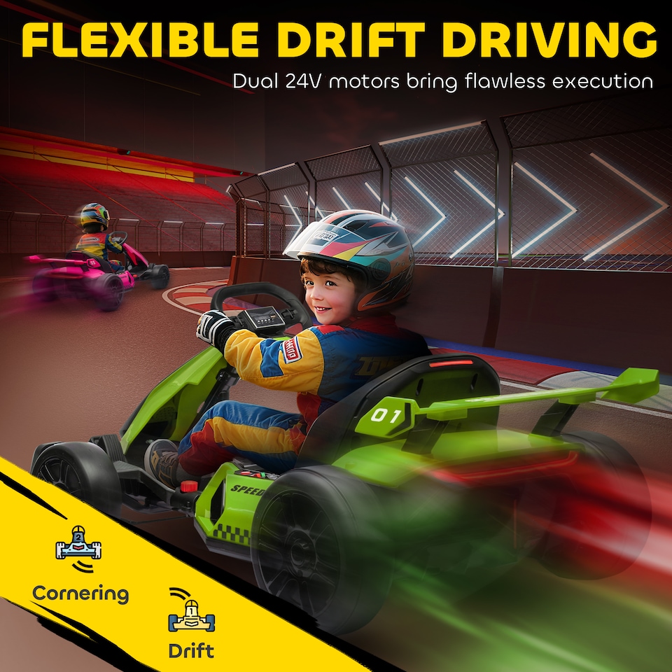 image 1 of HOMCOM 24V Electric Go Kart for Kids, Ride On Racing Kart with Adjustable Seat, Battery Powered Drifting Ride On Car with Music, Light, Slow Start, Button Start, Horn, for 6-12 Years, Green