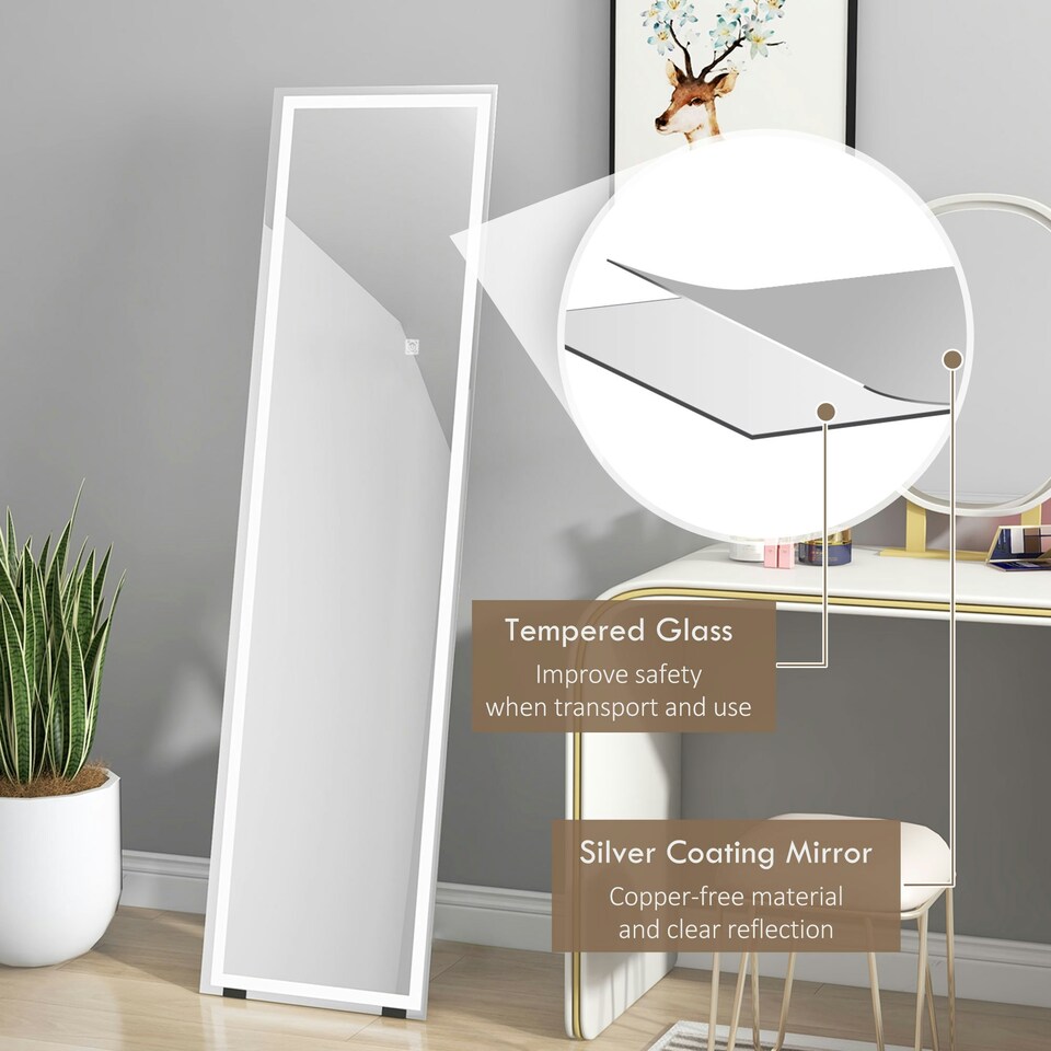 image 1 of HOMCOM Full Size Body LED Mirror, Dimmable Lighted Mirror for Bedroom