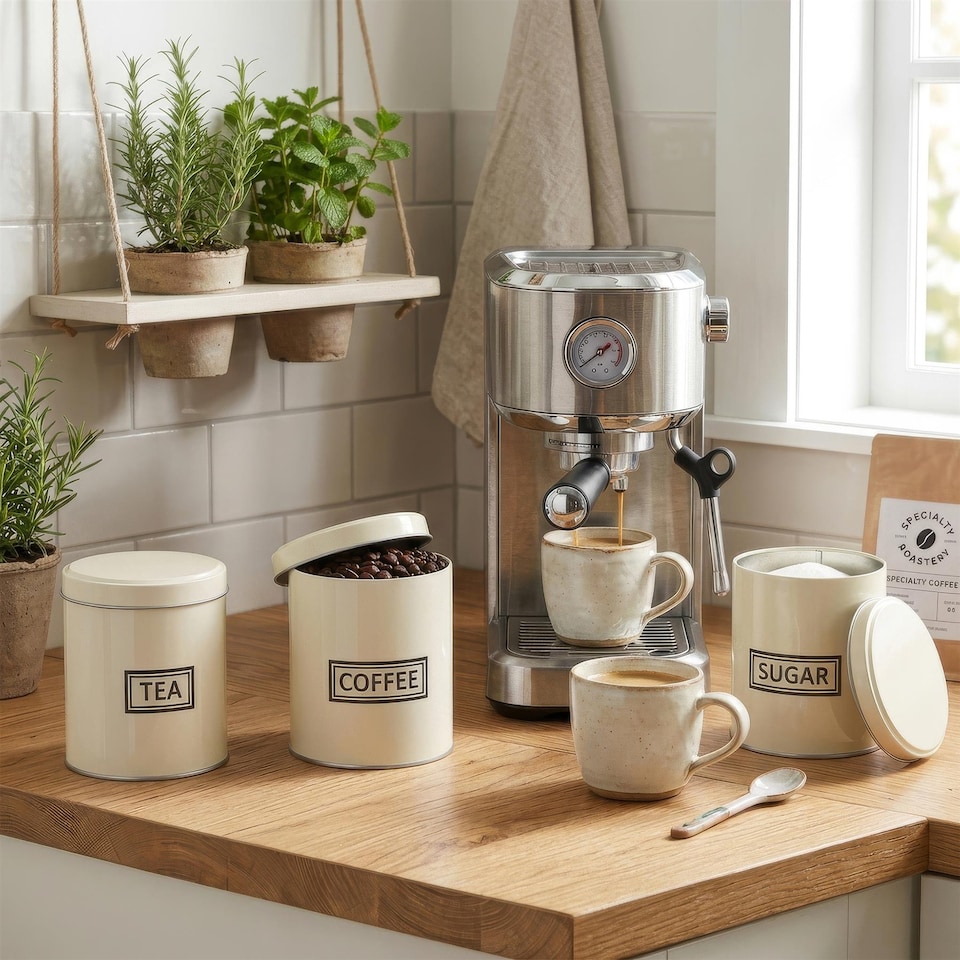 image 1 of Harbour Housewares 3pc Tea Coffee Sugar Canister Set - Round Metal Airtight Kitchen Canister Tin Pots