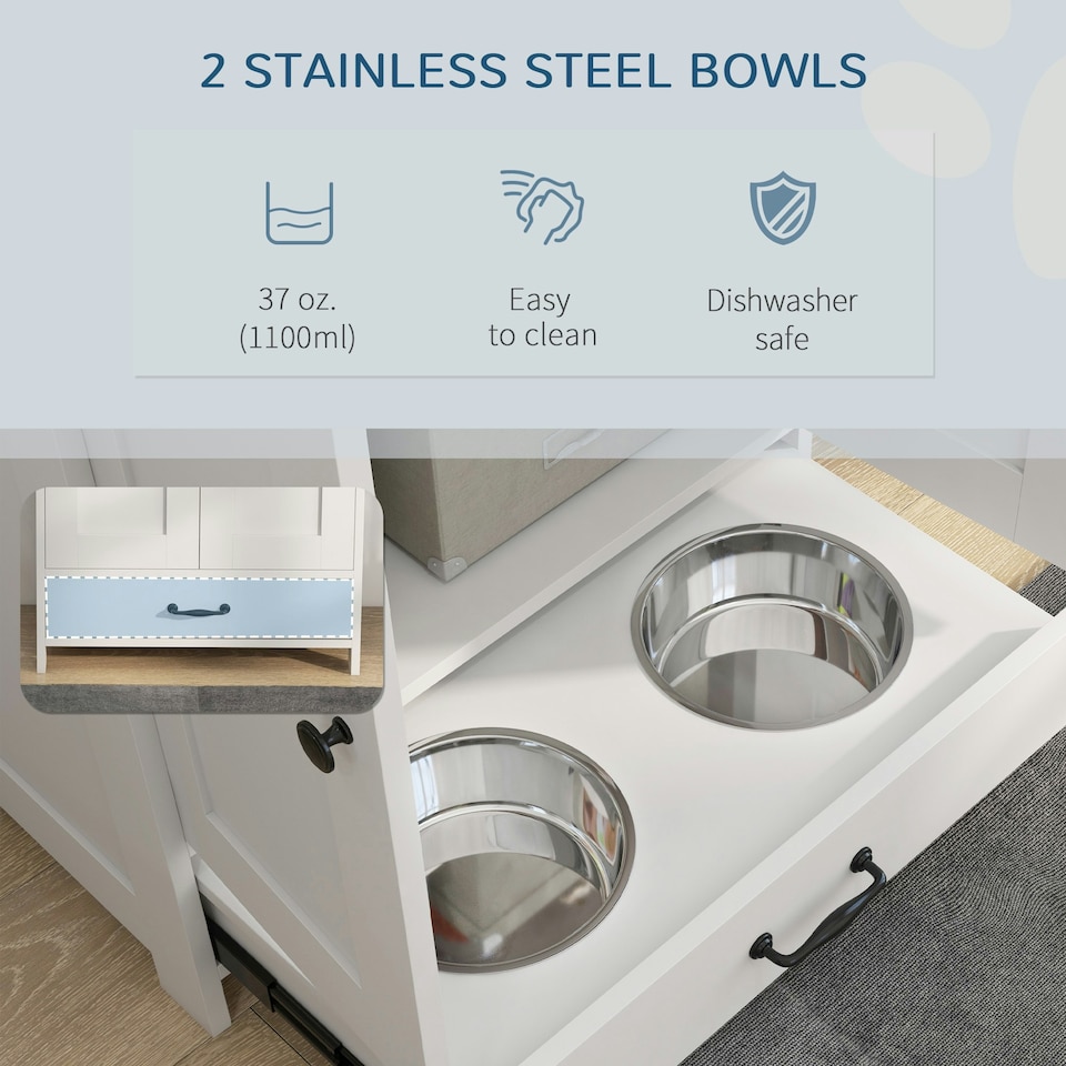 image 1 of PawHut Dog Feeding Station with Storage, Pet Feeding Station with Dog Bowls White | 80H x 60W x 35D cm