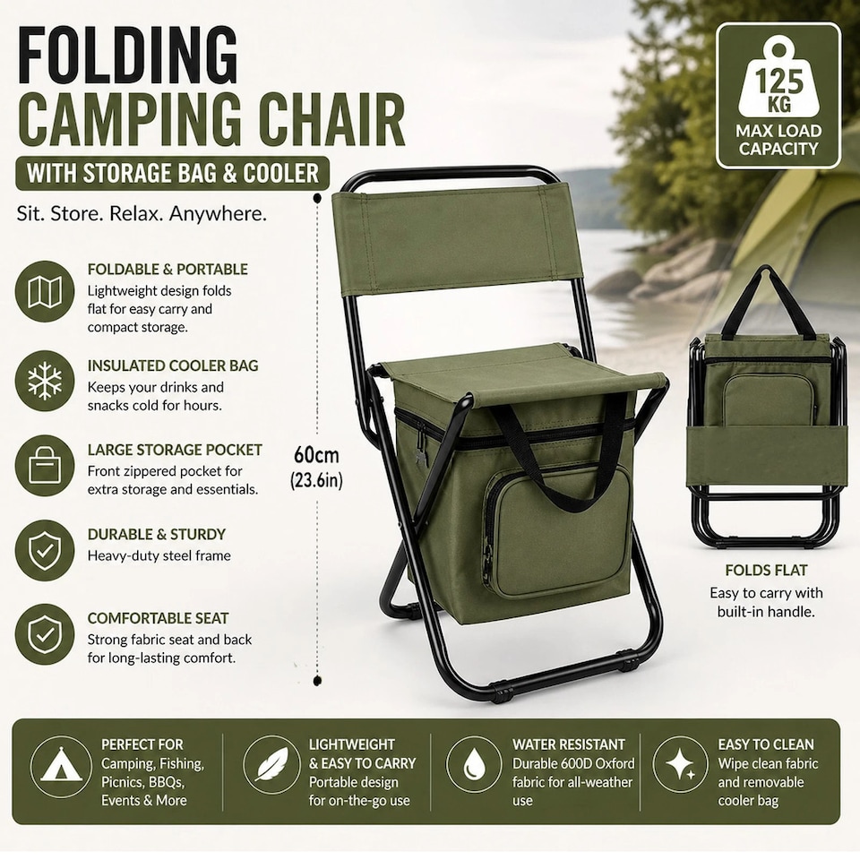 image 1 of Folding Camping Chair, Lightweight Foldable Fishing Chairs Portable Camping Chair with Cooler Bag Outdoor Backrest Stool
