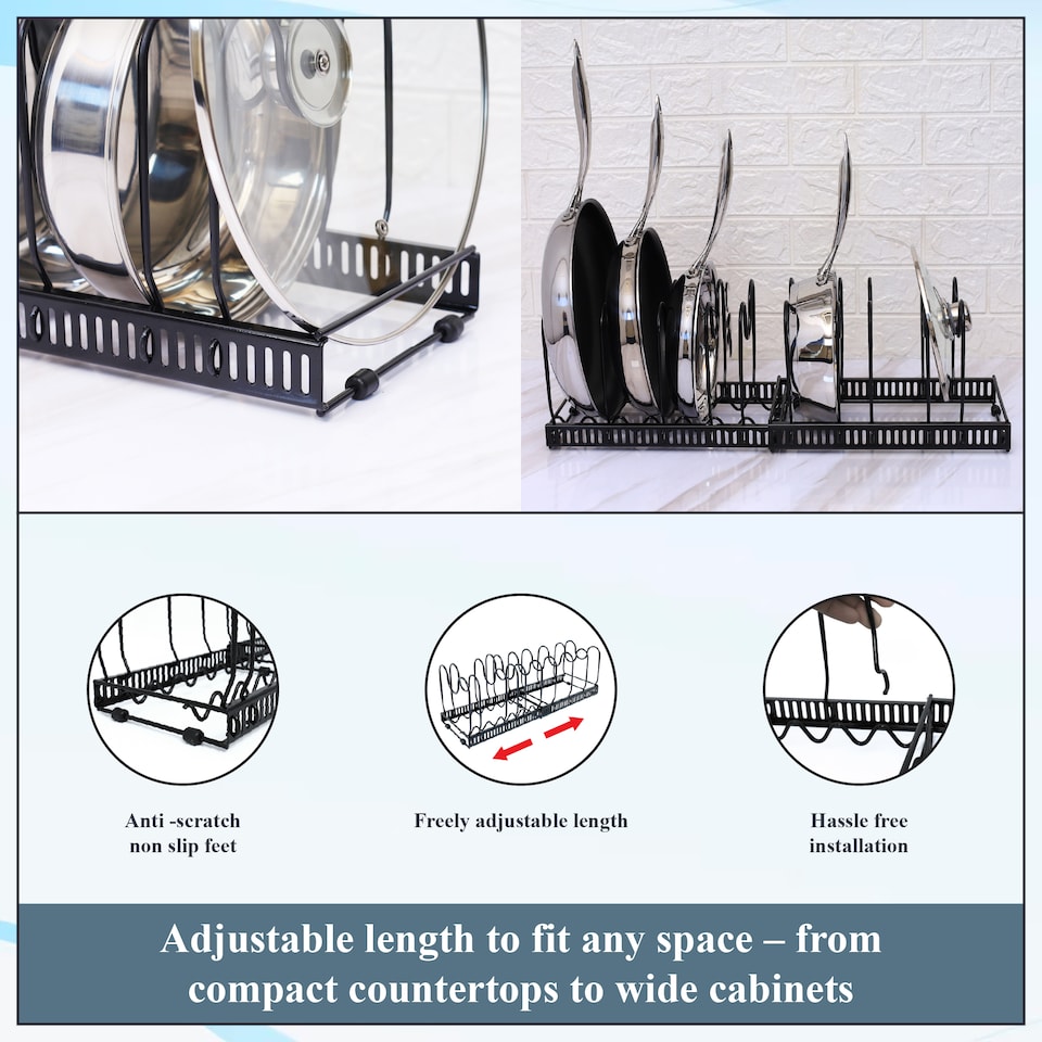 image 1 of Buckingham Expandable Pot, Pan & Lid Organising Rack 10 Dividers - Black | Black