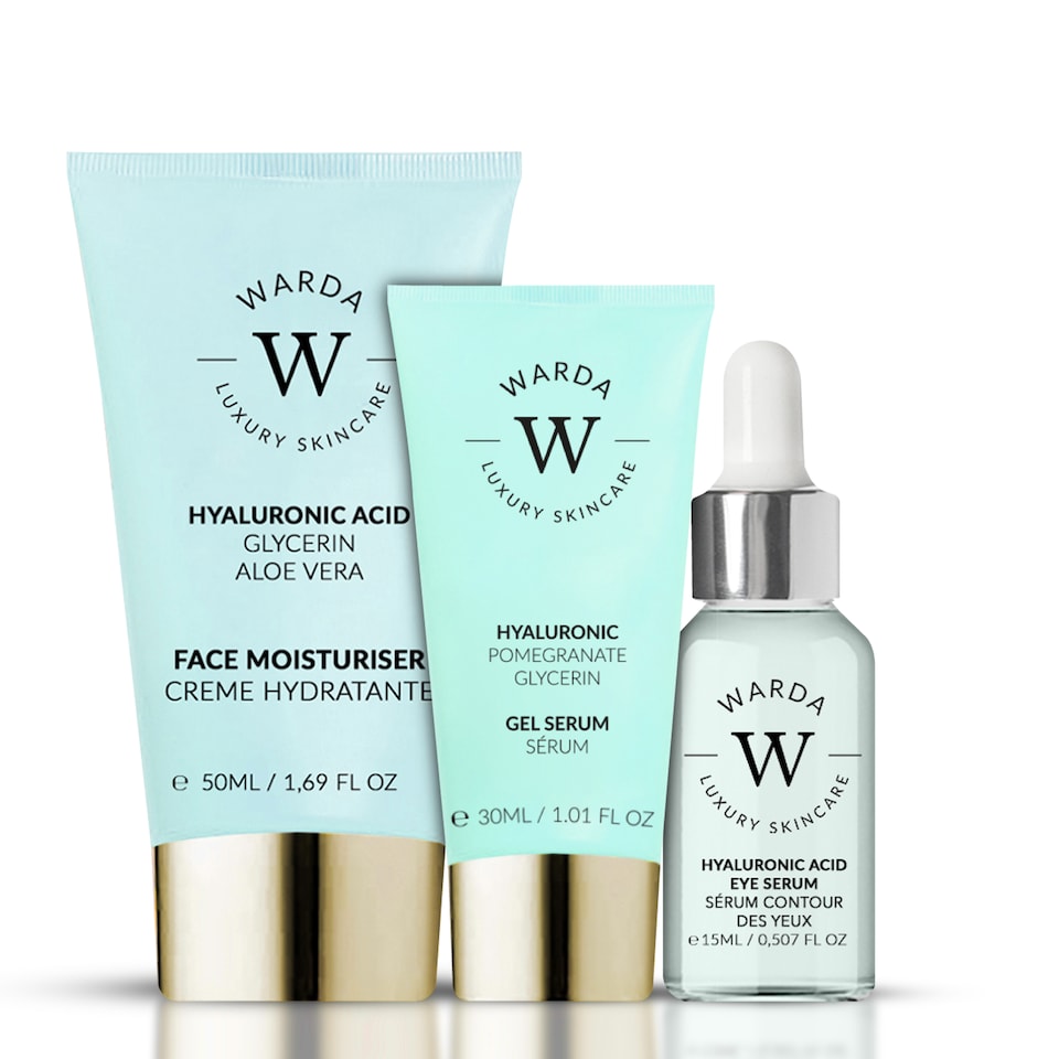 image 1 of Warda Luxury Skincare Skin Hydration Boost Hyaluronic Acid Moisturiser 50ml + Skin Hydration Boost Hyaluronic Acid Eye Serum 15ml + Skin Hydration Boost Hyaluronic Acid Gel Serum 30ml