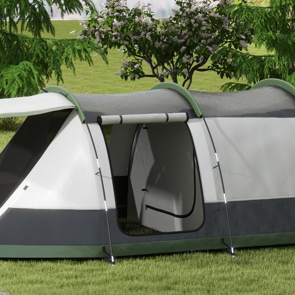 image 1 of Outsunny Tunnel Tent with Bedroom, Living Room and Porch for 3-4 Man, Green
