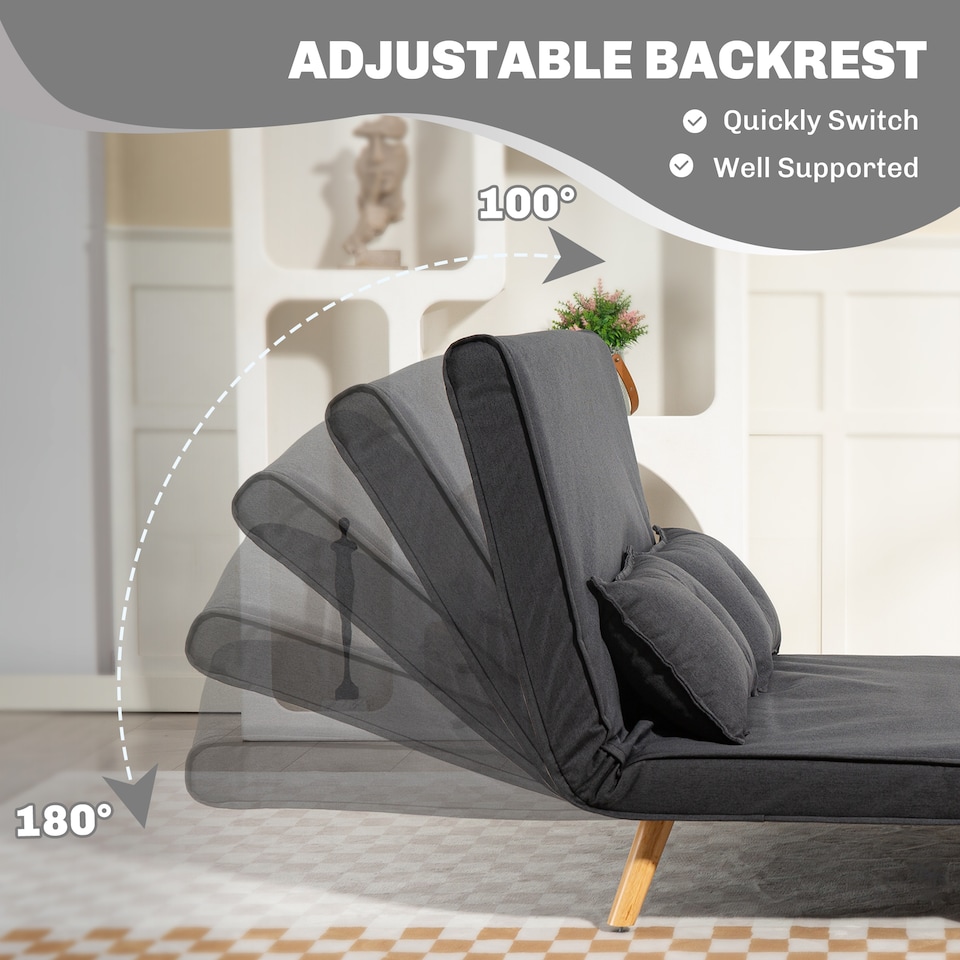 image 1 of HOMCOM 2 Seater Sofa Bed, Click Clack Convertible Bed Settee with Adjustable Backrest, Modern Linen Feel Fabric Recliner Sofa Couch with Pillows for Living Room, Bedroom, Guest Room, Charcoal Grey