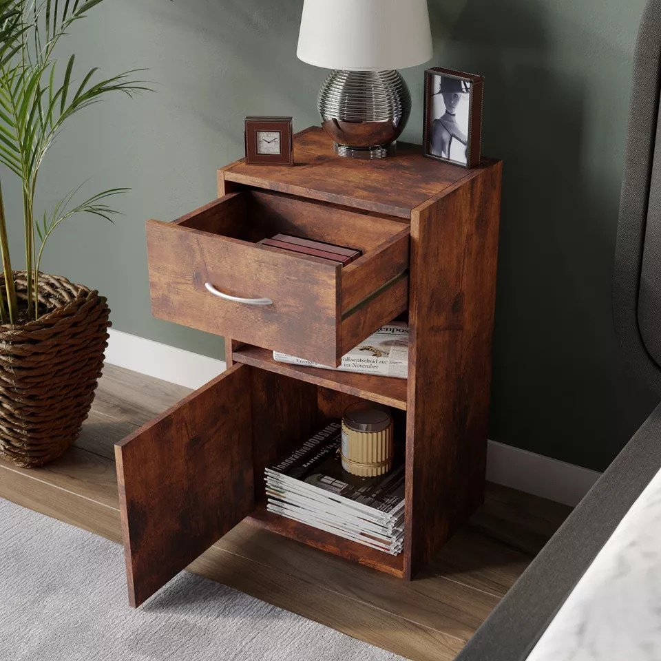 image 1 of 1-Drawer 1-Door Wooden Bedside Table | Brown | Colour: Rustic Brown | 1