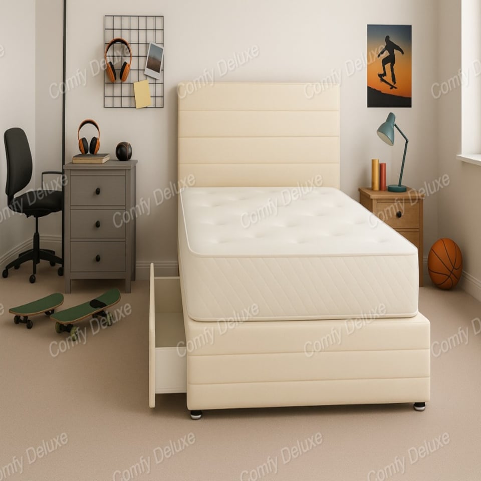 Cream Jin Plush Lined  3ft Single  Divan Bed Set Headboard & Footboard - No Drawers