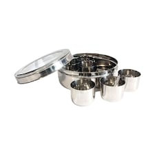 Buckingham Stainless Steel Massala Dabba  set ,   7 cups + 1 Spoon  , 22.5 cm  with Acrylic / SS Lid Silver
