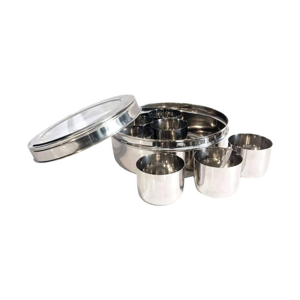 image 1 of Buckingham Stainless Steel Massala Dabba set , 7 cups + 1 Spoon , 22.5 cm with Acrylic / SS Lid Silver
