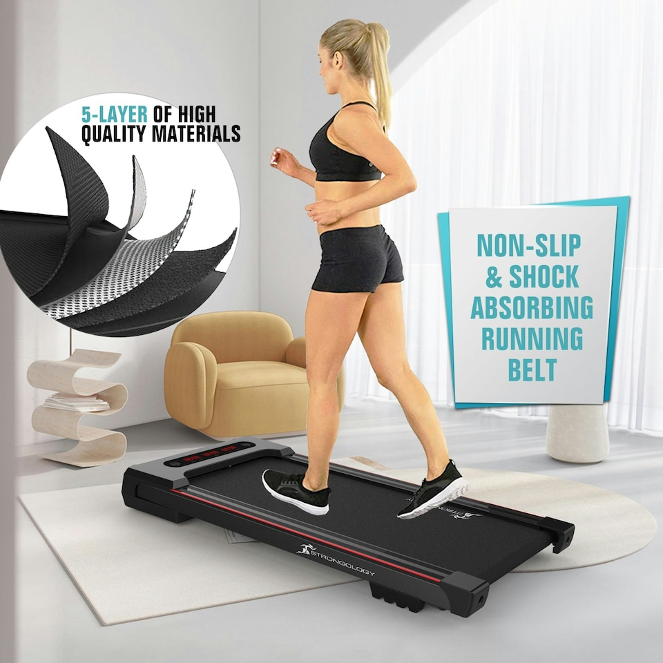 image 1 of Strongology MOTIONIC BLACK Home and Office Ultra Quiet Adjustable Speed 1-8km/h Slimline 2.5HP Bluetooth Treadmill with LED Display - Fully Assembled