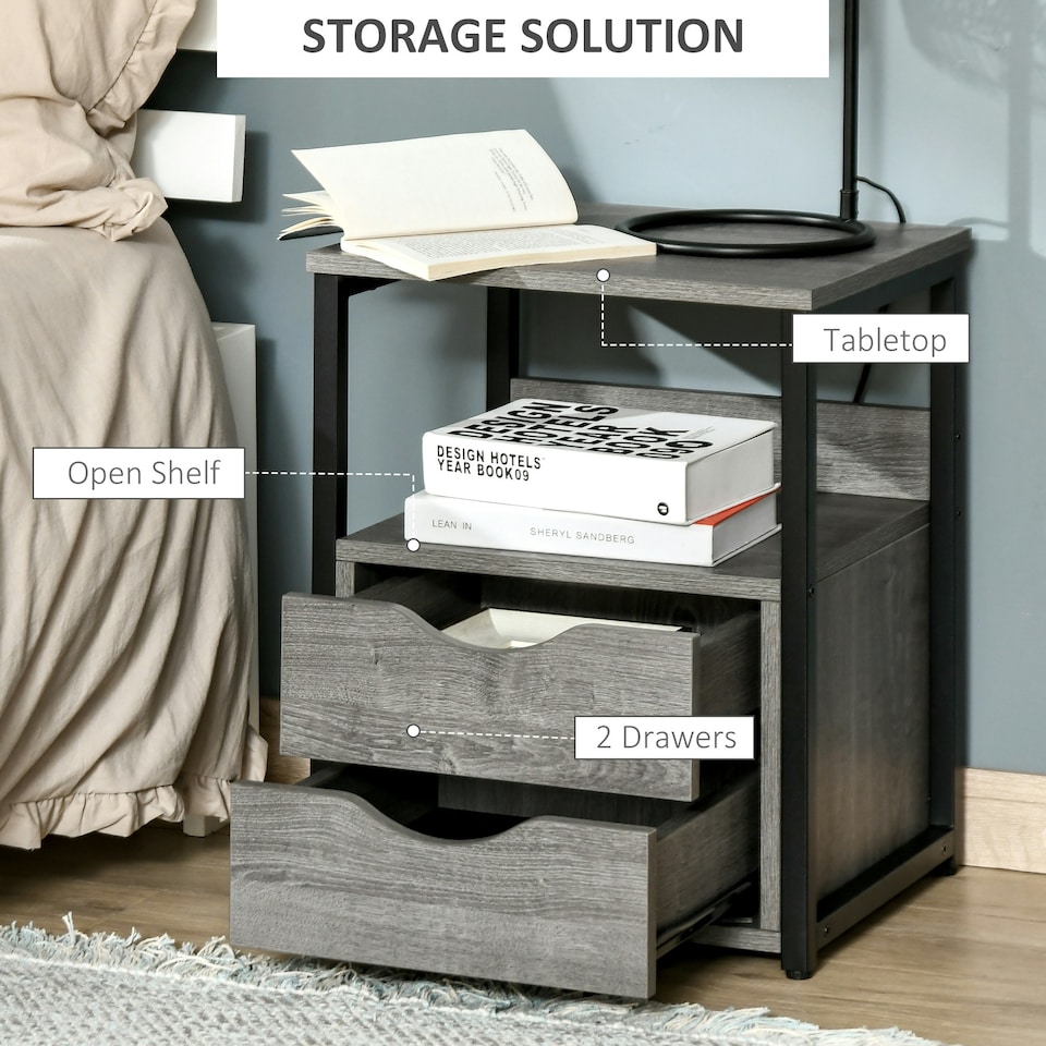 image 1 of HOMCOM End Table Bedside Desk Slim Storage Cabinet with Shelf Brown Grey