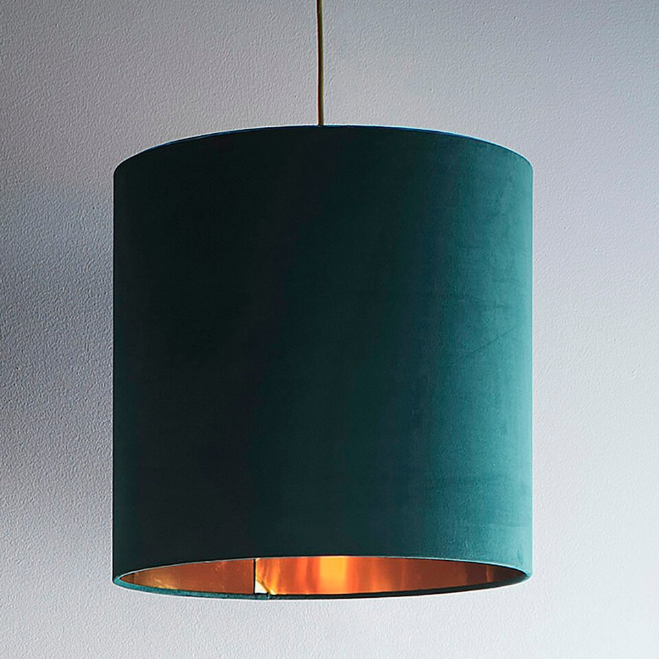 image 1 of 14" Green Velvet Cylinder Light Shade Gold Inner Green
