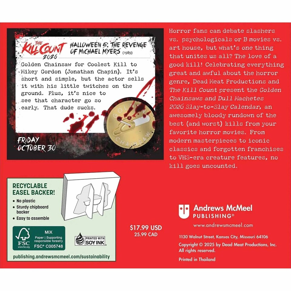 image 1 of Golden Chainsaws and Dull Machetes 2026 Calendar : Horror Movies by The Kill Count