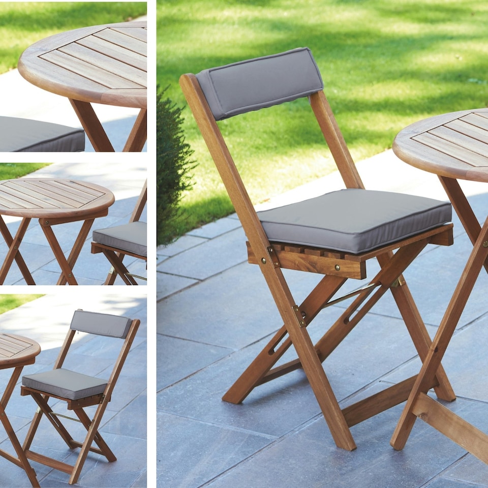 image 1 of Greenhurst Natural Wooden Bistro Set – Foldable Table & 2 Cushioned Chairs for Outdoor Dining
