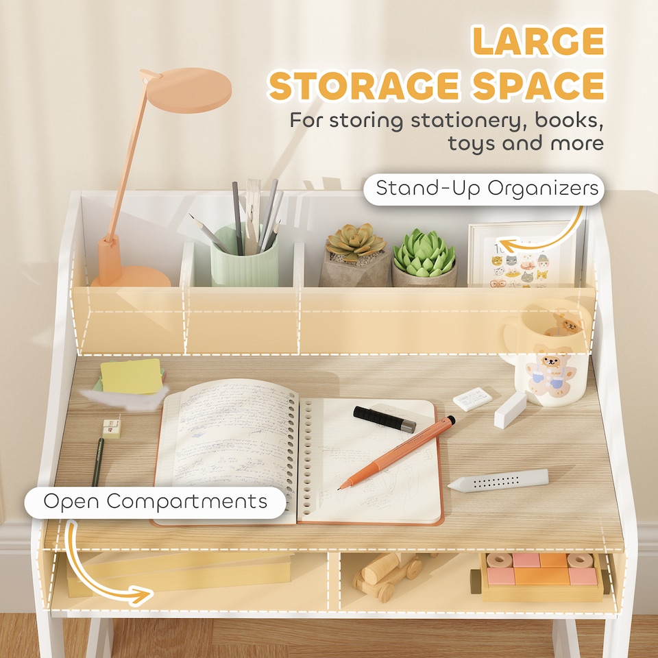 image 1 of AIYAPLAY Kids Desk and Chair Set, Children Study Table with Storage, Natural | White | Natural wood finish and white | Desk: 68H x 60W x 48D cm; Chair: 53H x 30W x 33.5D cm