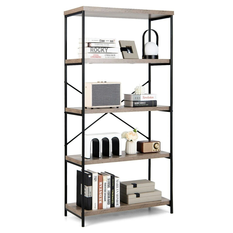 image 1 of COSTWAY 5-Tier Bookshelf Wood Bookcase Display Rack Grey Grey