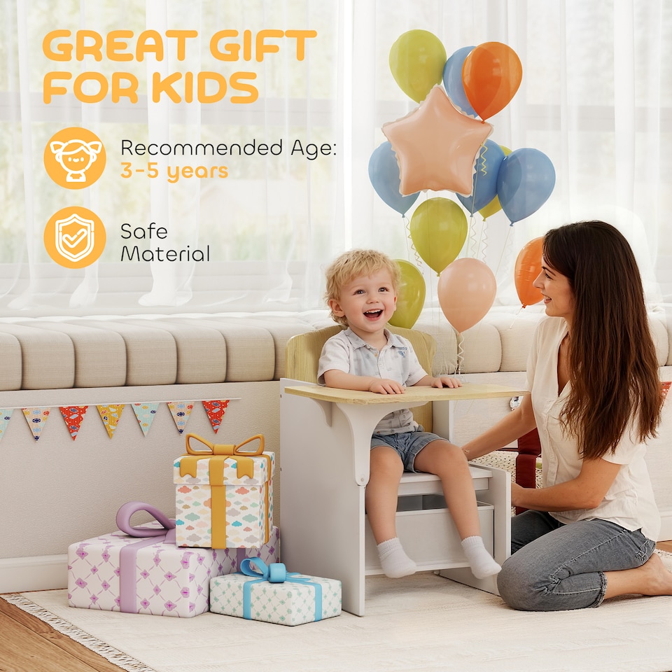 image 1 of AIYAPLAY Kids Table and Chair Set, Toddler Desk Chair with Storage Bins | White