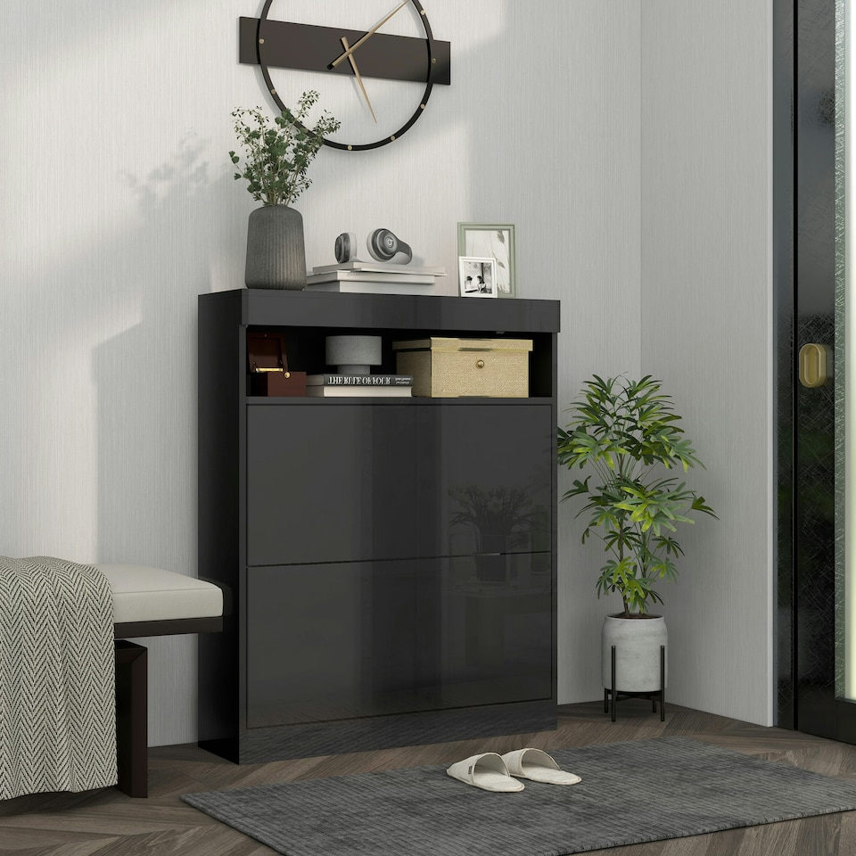image 1 of HOMCOM Wall Mounted or Freestanding Shoe Cabinet with 2 Flip Drawers, Black