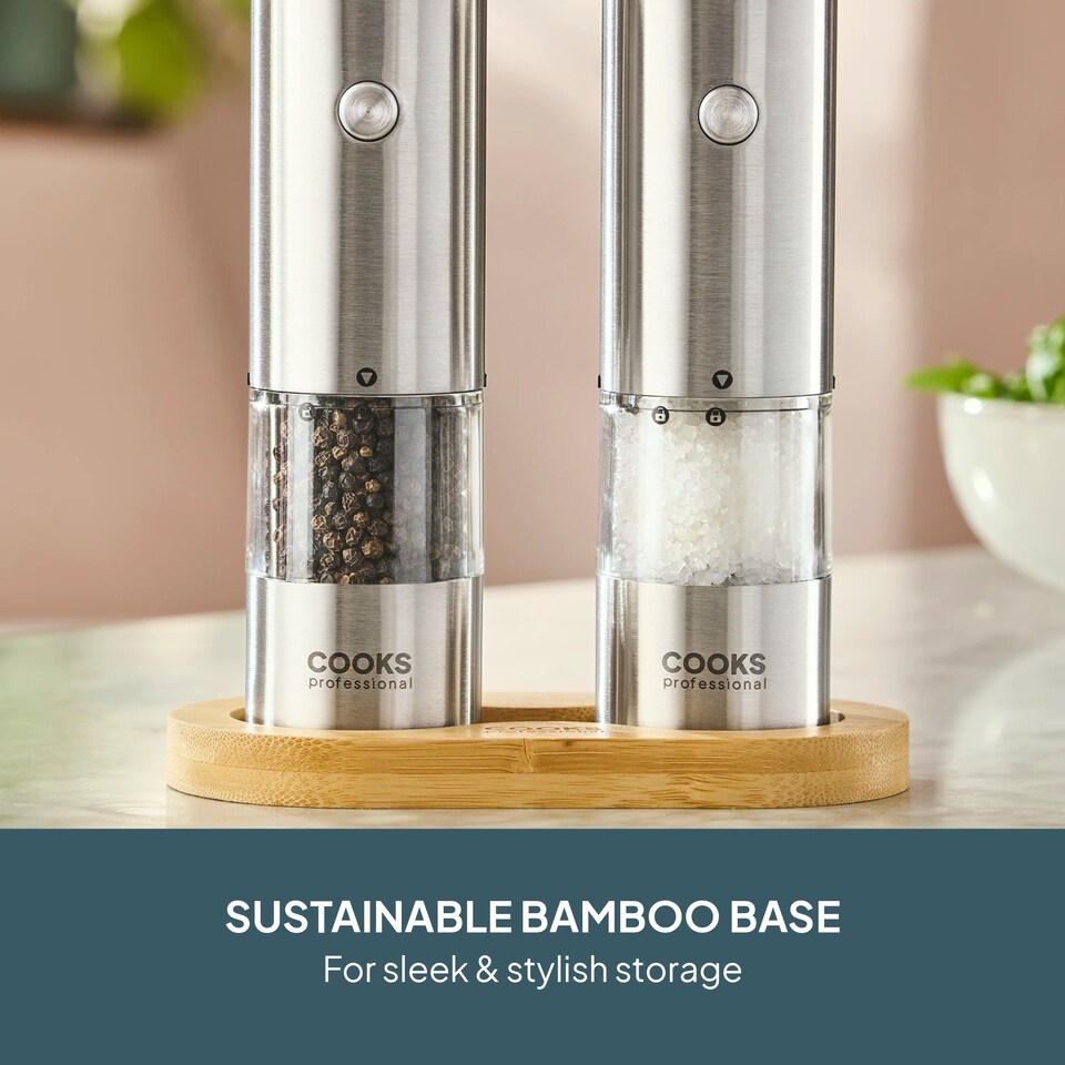 image 1 of Cooks Professional Rechargeable Salt and Pepper Mill Set with Bamboo Base