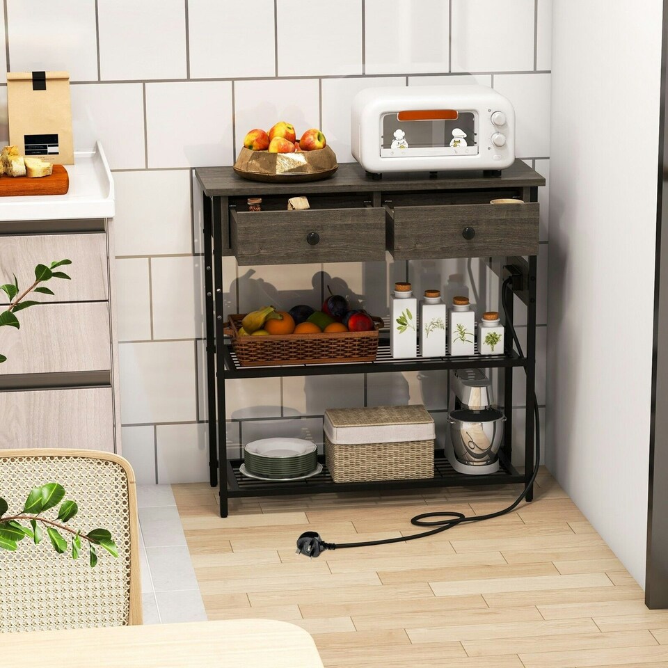 image 1 of COSTWAY Entryway Narrow Console Table w/Charging Station Brown