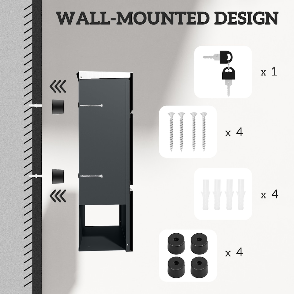 image 1 of HOMCOM Wall Mounted Post Box with Viewing Window, 2 Lock, Modern Galvanised Steel Mailbox with Copper Core, Weatherproof Letterbox for Outdoor Use, Easy to Install, Silver | Silver