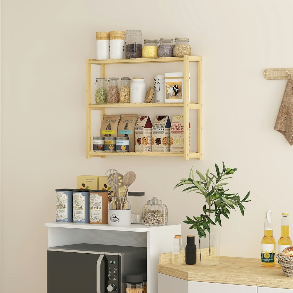 image 1 of HOMCOM 3-Tier Bamboo Adjustable Bathroom Storage Shelf, Natural