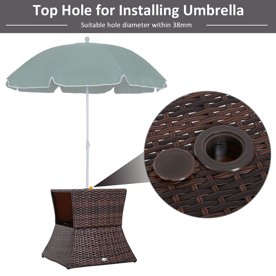 image 1 of Outsunny Rattan Wicker Tea Coffee Table w/ Umbrella Hole Storage Space Brown