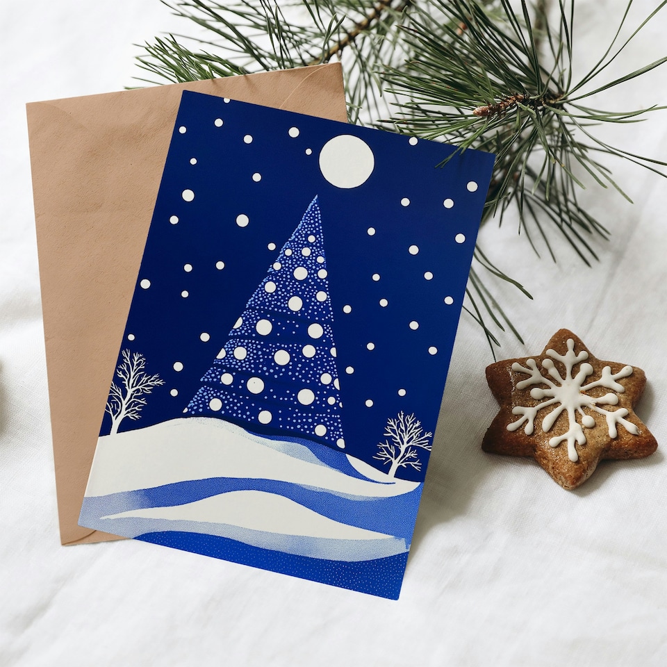 image 1 of Greeting Card Winter Wonderland Tree Snow Full Moon Night Blank For Him Or Her Art Xmas Christmas Card