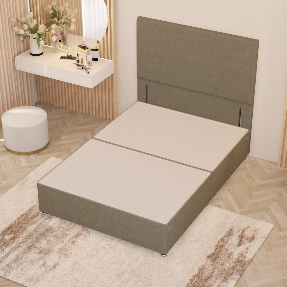 image 1 of Divan Bed Base with 4 Drawers & Plain Floor Standing Headboard Linen Fabric | Yellow | Beige