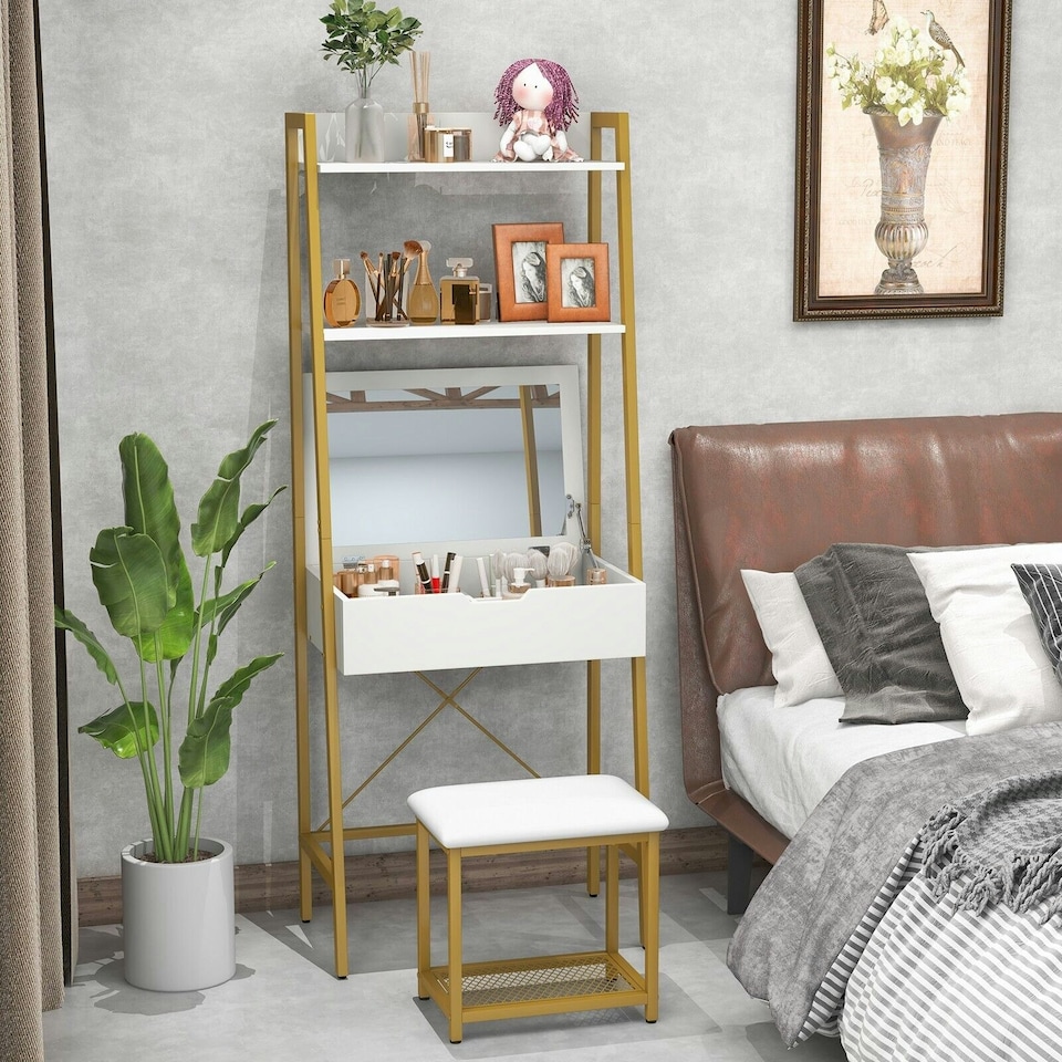 image 1 of COSTWAY 3 IN 1 Vanity Dressing Table Set Cushioned Stool | White