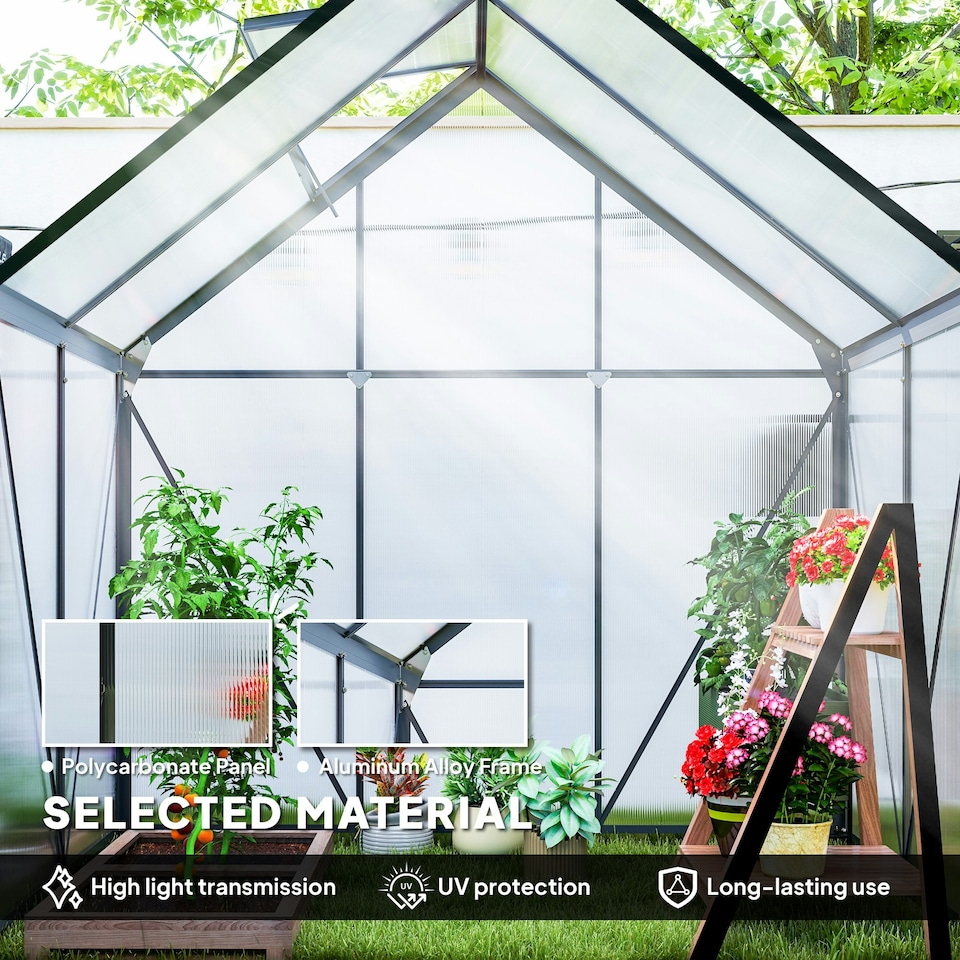 image 1 of Outsunny Polycarbonate Walk-in Garden Greenhouse w/ Sliding Door Grey