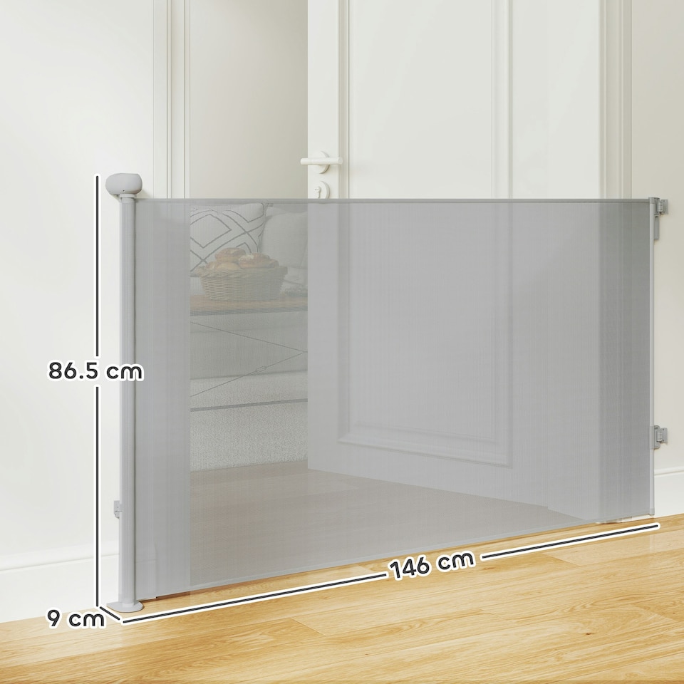 image 1 of PawHut Retractable Stair Gate, Dog Gate Extends Up to 140 cm Wide, Grey