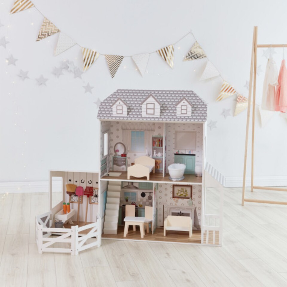 image 1 of Teamson Kids Wooden Farmhouse 2 Storey Doll House for 12" Dolls, Dollhouse