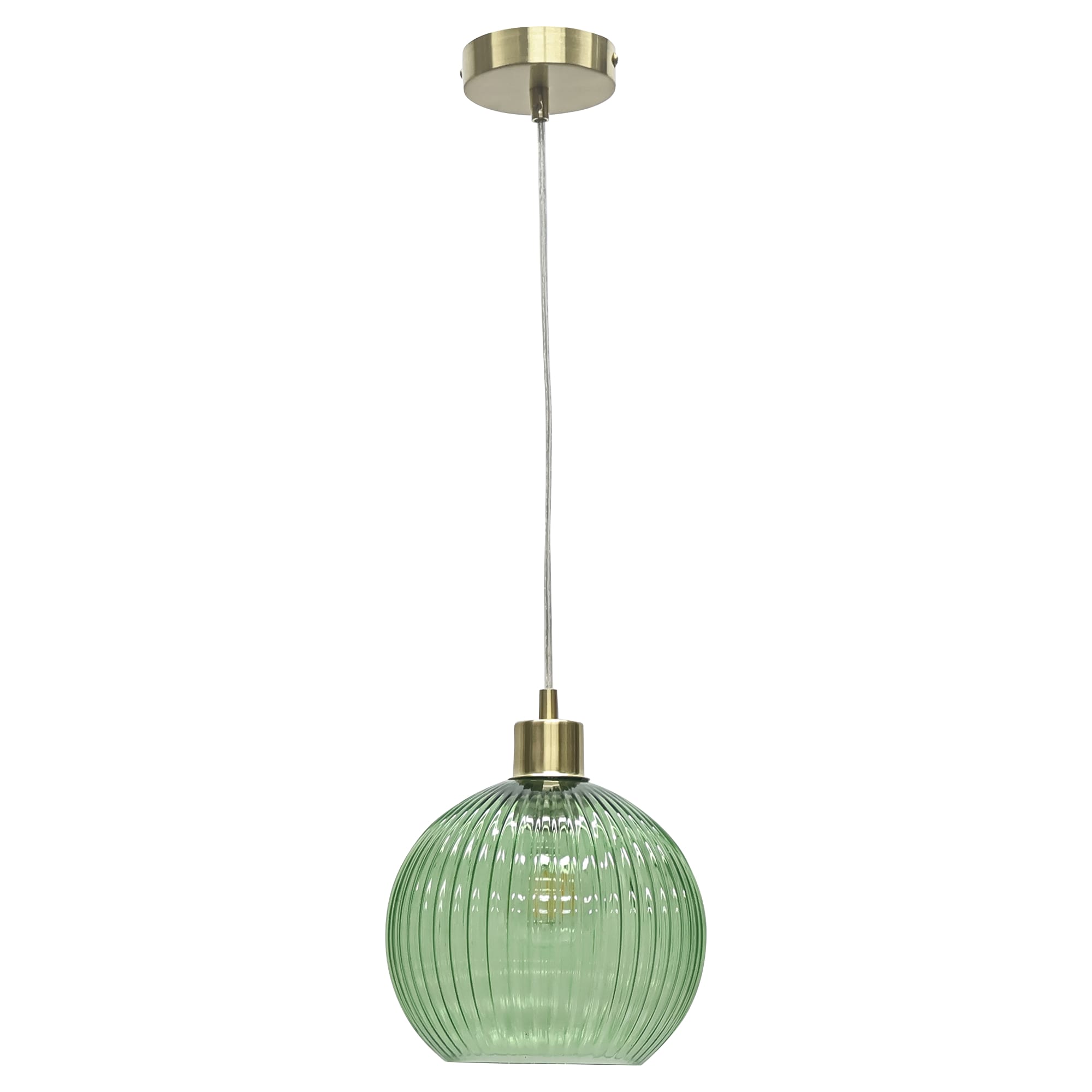 First Choice Lighting Betchley - Green Ribbed Glass Globe with Satin Brass Pendant Fitting