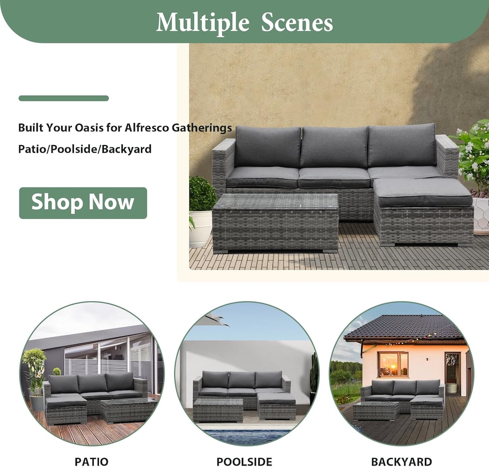 image 1 of 3-Piece Rattan Garden Corner Sofa Set with Coffee Table & Washable Cushions