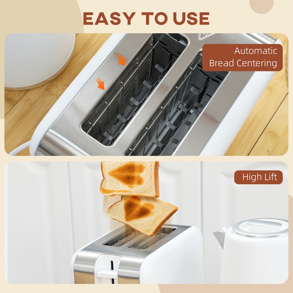 image 1 of HOMCOM Stainless Steel Kettle and Toaster Set, 1.7L 3000W Fast Boil Kettle & 2 Slice Toaster Kitchen Set with 7 Level Browning Controls, Defrost, Reheat, Auto Off, Boil-dry Protection, White