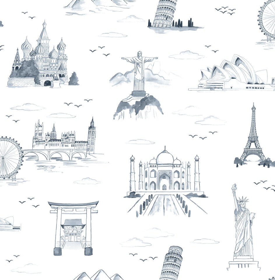 image 1 of NuWallpaper NUS4553 Landmark Travelers Toille Novelty Peel & Stick Wallpaper, Navy