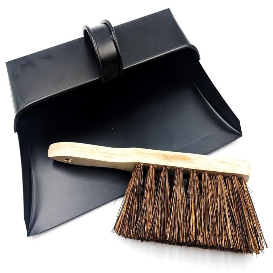 image 1 of Black Hooded Metal Dustpan and Brush Set Traditional Stiff Brush with Ash Pan Design