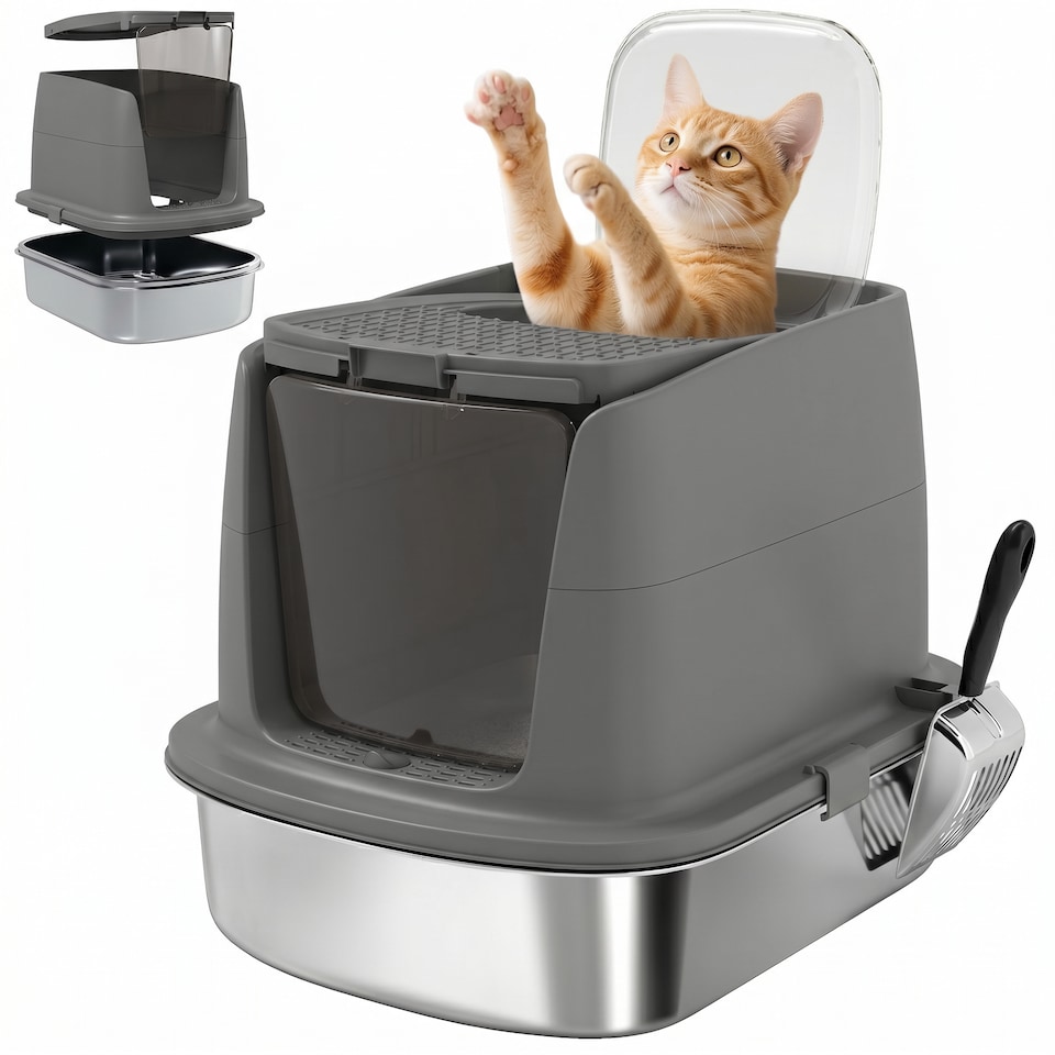 image 1 of PawHut Stainless Steel Litter Box, Enclosed Metal Cat Litter Tray with Scoop