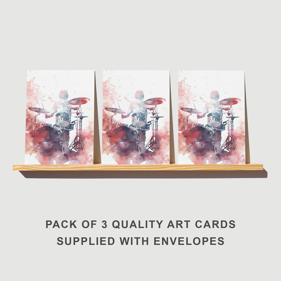 image 1 of Drummer Drum Kit Greeting Card Modern Watercolour Any Occasion Set of 3 Blank