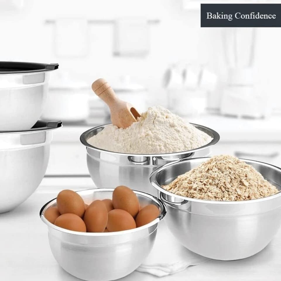 image 1 of Mixing Bowl Set of 5, Stainless Steel Nesting Bowls for Meal Preparation Kitchen Baking Air Tight Black lids