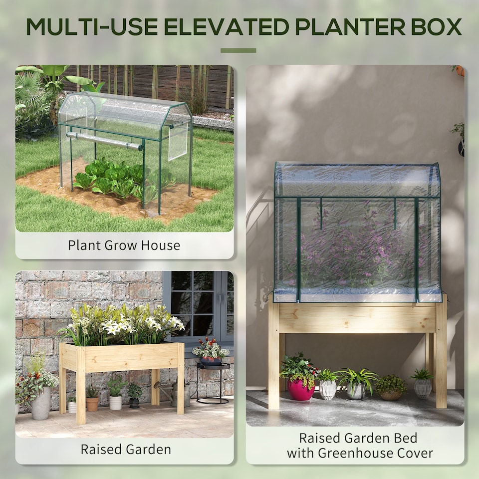 image 1 of Outsunny Wooden Raised Planter, Garden Bed with Greenhouse Cover and Bed Liner