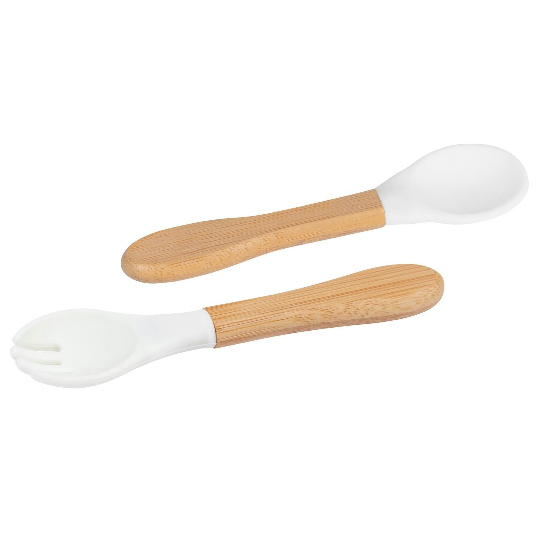 Tiny Dining Bamboo Silicone Tip Fork & Spoon Set Soft Baby Feeding Weaning Cutlery in White